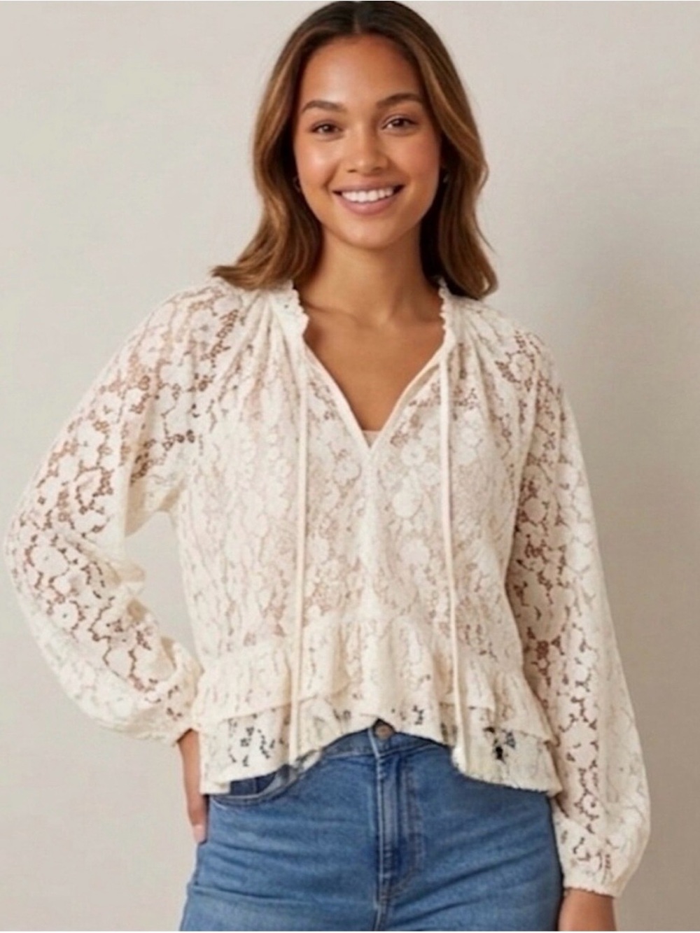LOFT Women's Cream Lace Peplum Top